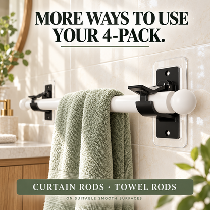 ✨ 4-Pack No-Drill Curtain Rod Brackets | Peel & Stick Holders for Smooth Surfaces | Fits 0.5–1.18″ Rods