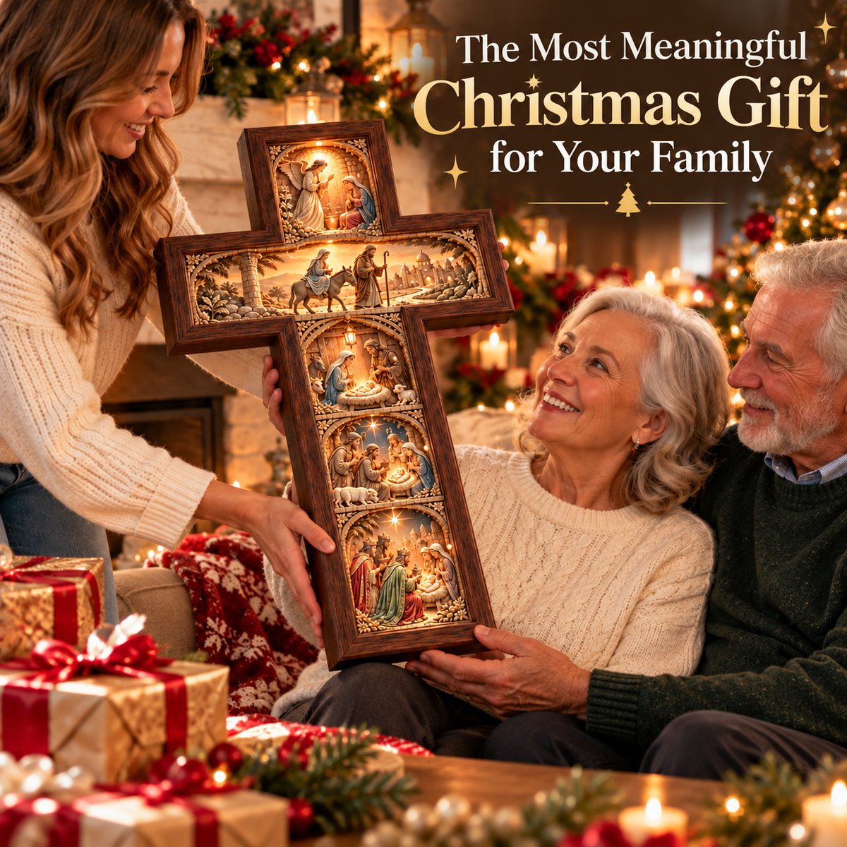 ✝️ The Story of Christmas Illuminated Cross – 5 Biblical Scenes, 3D Nativity Wall Decor 🎄