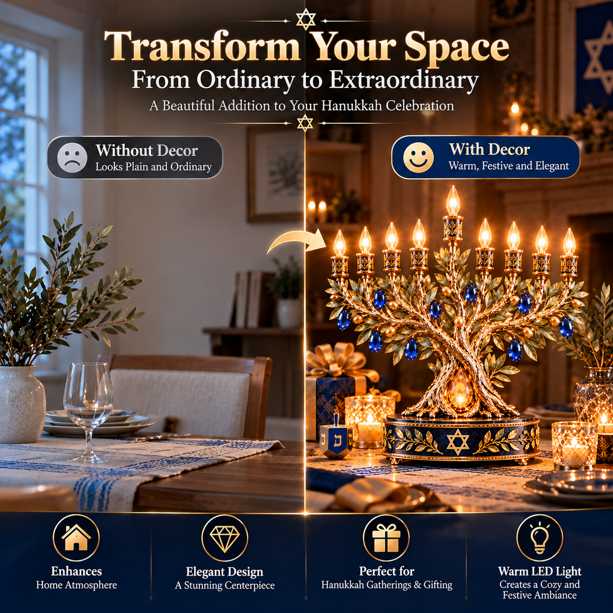 ✡️✨ Radiant Olive Tree™ – 9-Light LED Hanukkah Menorah | Royal Blue & Gold Holiday Centerpiece