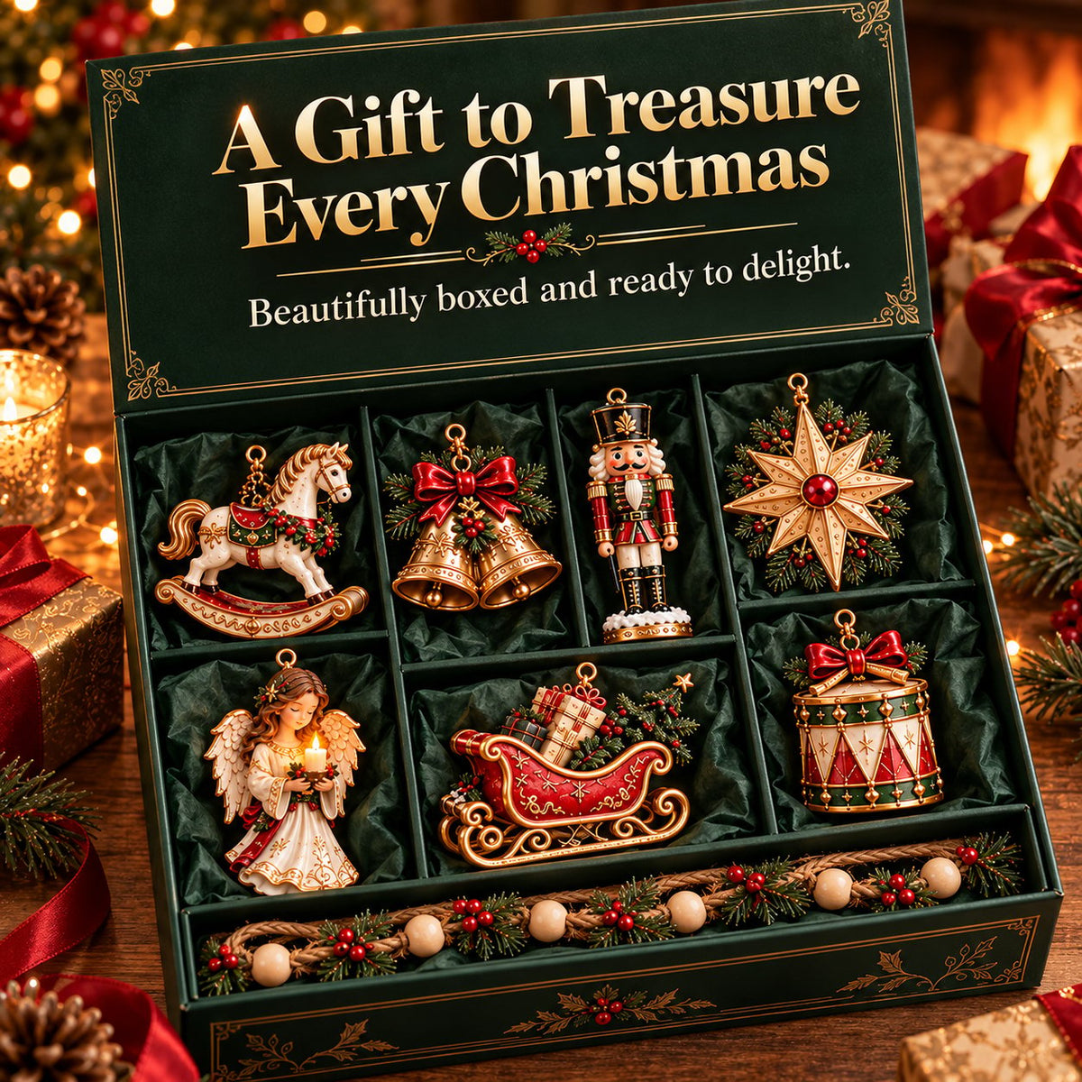 🎄 7-Piece Vintage Christmas Garland | Removable 3D Ornaments