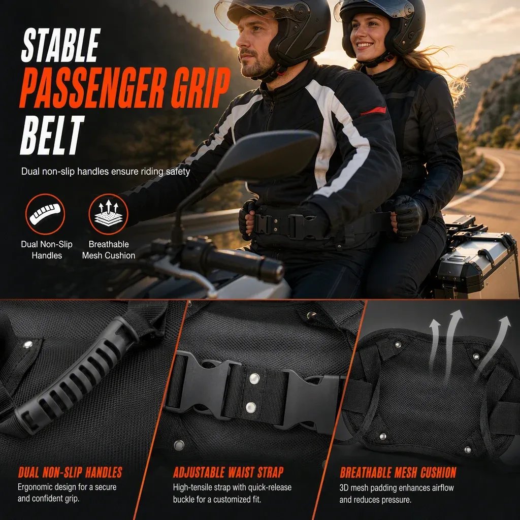 🏍️Motorcycle Passenger Grab Handle Belt – Non-slip, Adjustable, Heavy-Duty🛡️