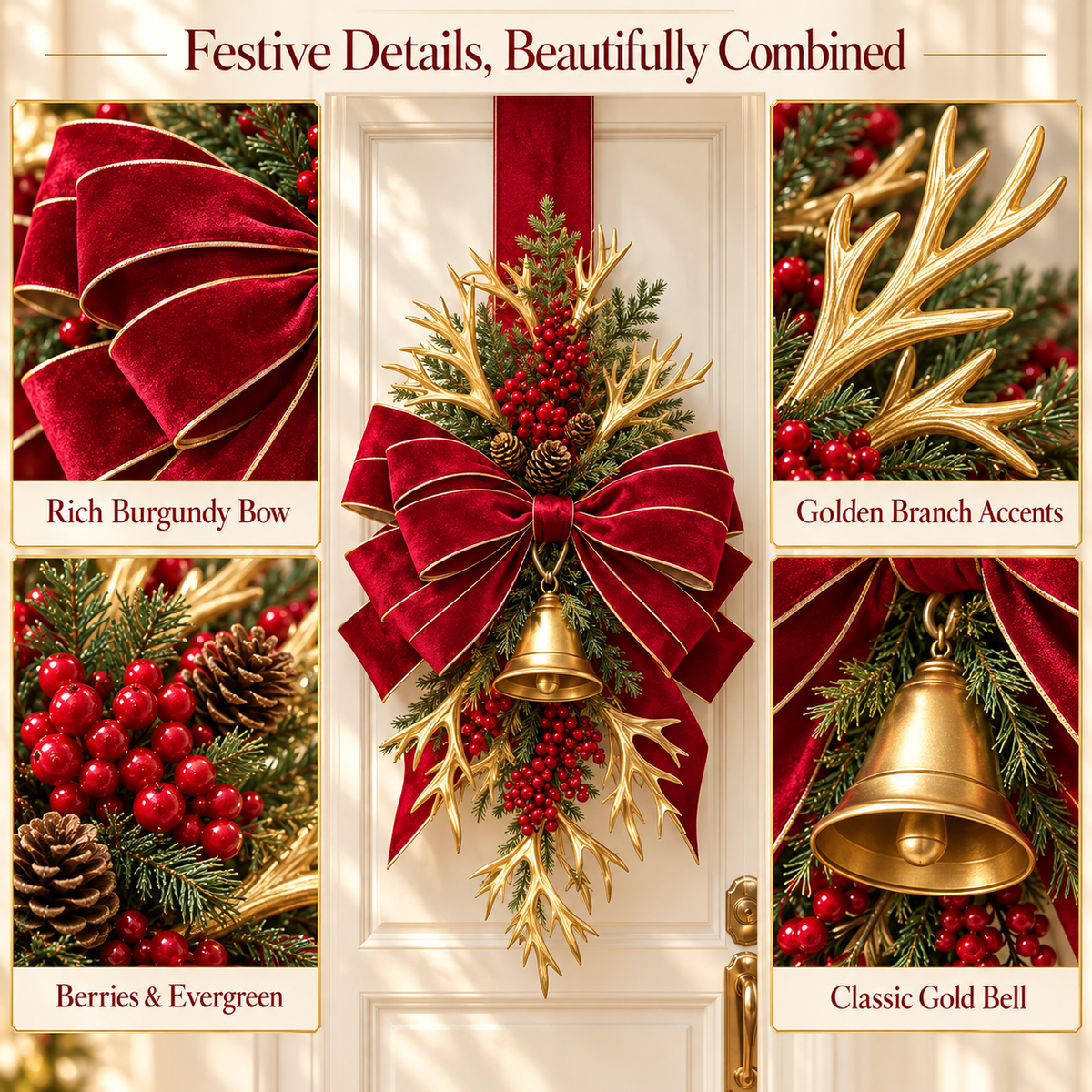 Luxurious Velvet Christmas Scapular with Red Berries, Golden Branches, and a Jingle Bell - 1.60m