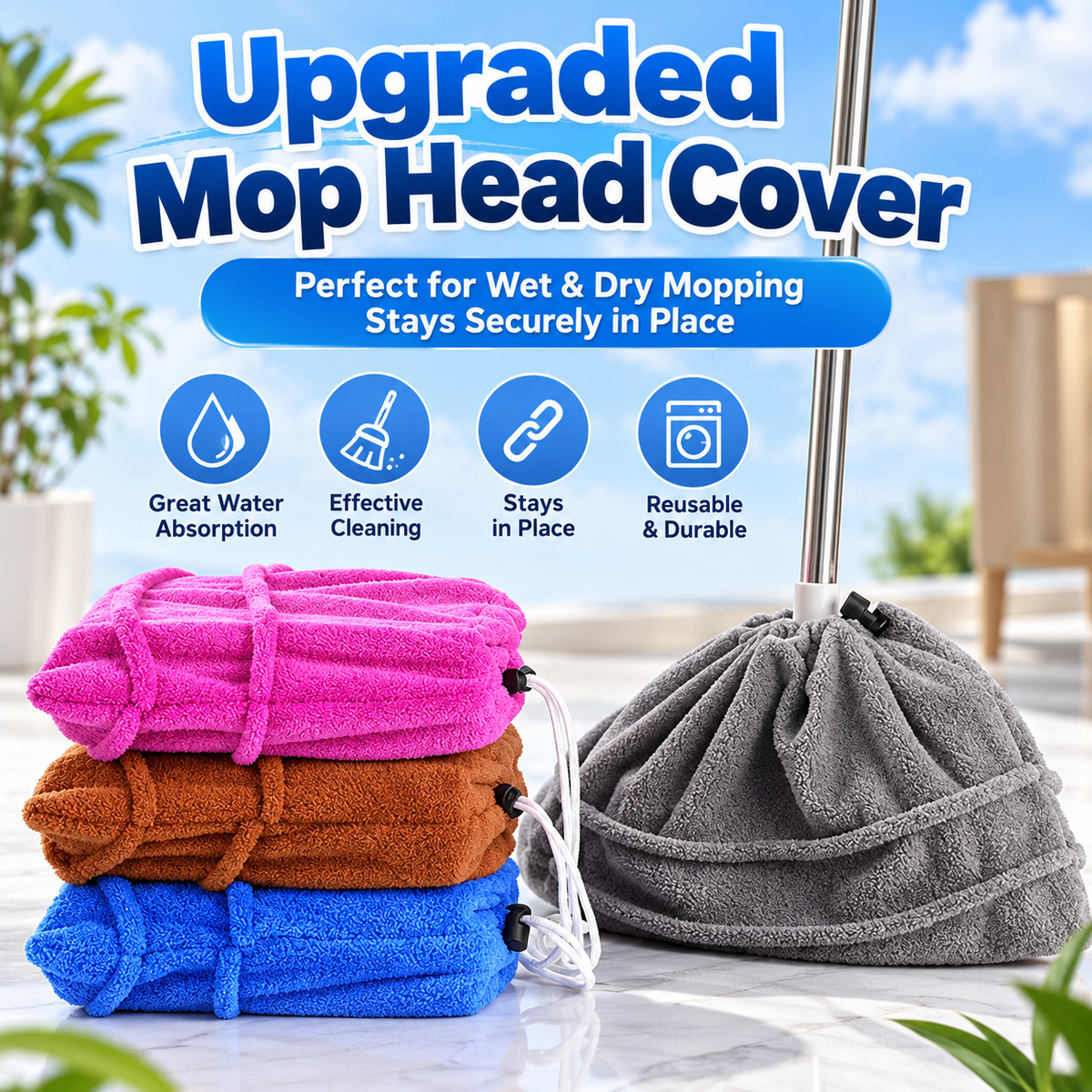 2 PCS Reusable Microfiber Mop Head Cover, Dust & Spill Cleaning Pad