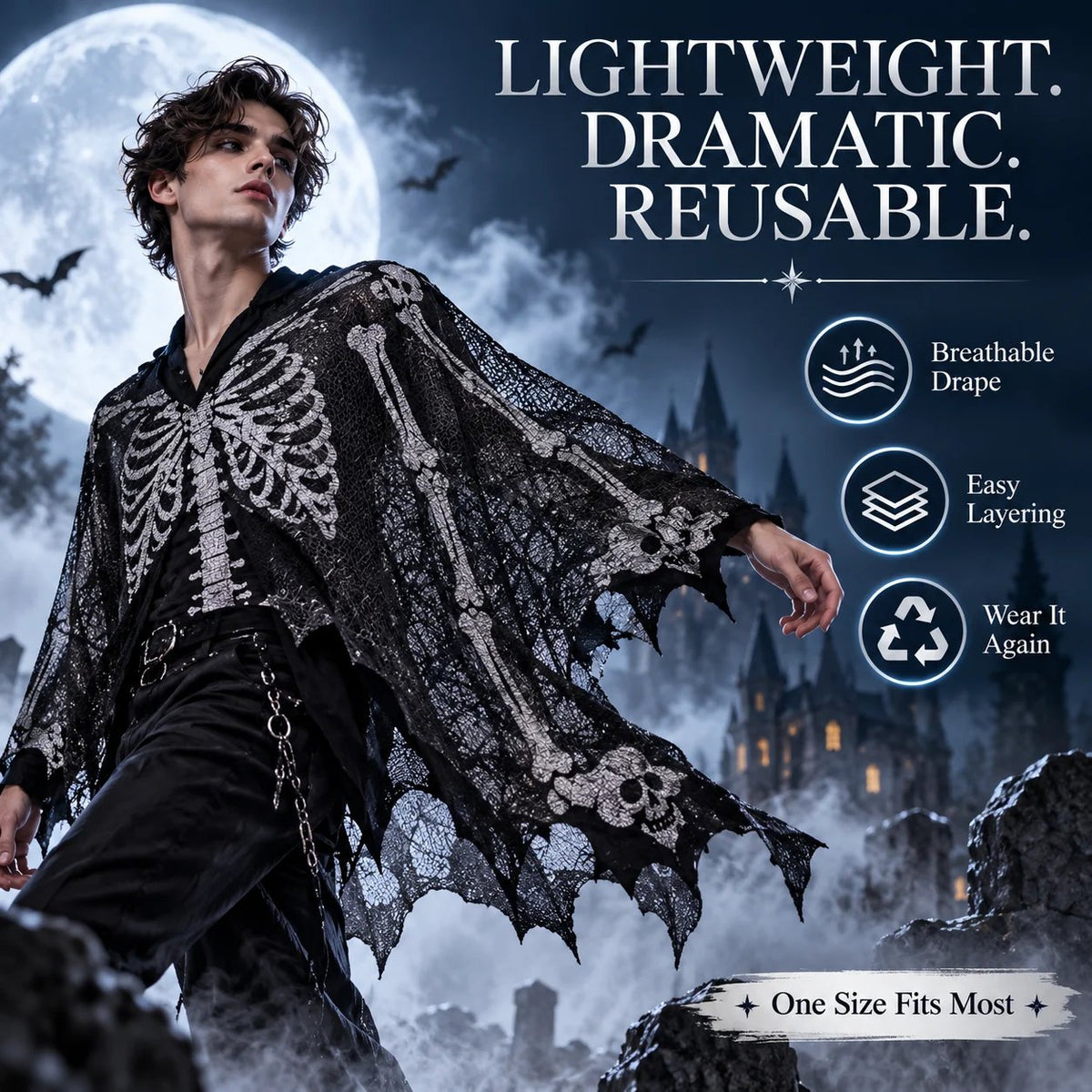 🕸️ Spider Web Bat Wing Halloween Cape – 150 × 150 cm Gothic Costume Shawl
