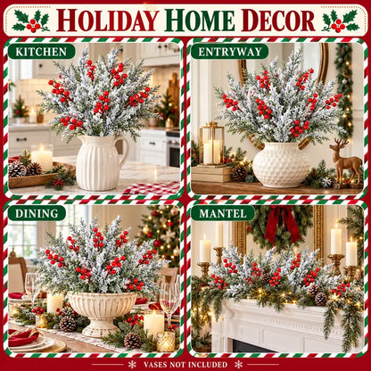 🎄🎅Artificial Frosted Christmas Pine-Cedar Stems with Red Berries, Snowy Evergreen Picks for Holiday Vase Decor