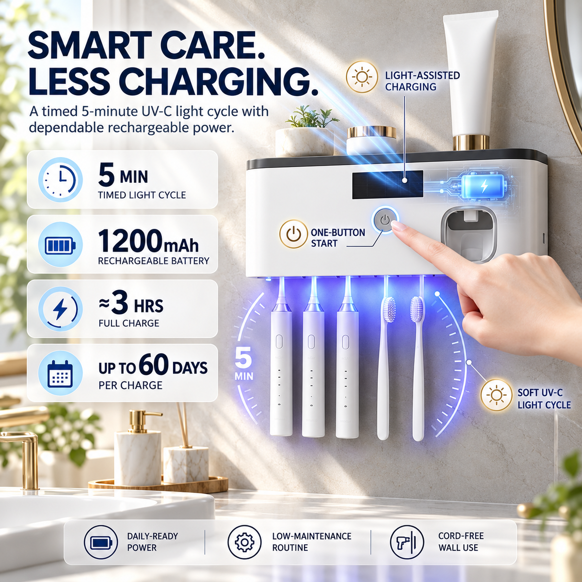 🪥 Light-Powered UV-C Toothbrush Sanitizer & Automatic Toothpaste Dispenser – 5-Brush No-Drill Wall Organizer