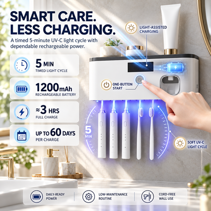 🪥 Light-Powered UV-C Toothbrush Sanitizer & Automatic Toothpaste Dispenser – 5-Brush No-Drill Wall Organizer