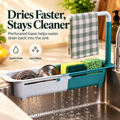 🧽✨ Expandable Over-the-Sink Organizer Rack 🫧🚰 | Adjustable Sponge Holder, Dish Brush Storage & Towel Bar 🧼🧺💚 | Space-Saving Kitchen Sink Caddy for a Cleaner, Clutter-Free Countertop 🏡🌿👌