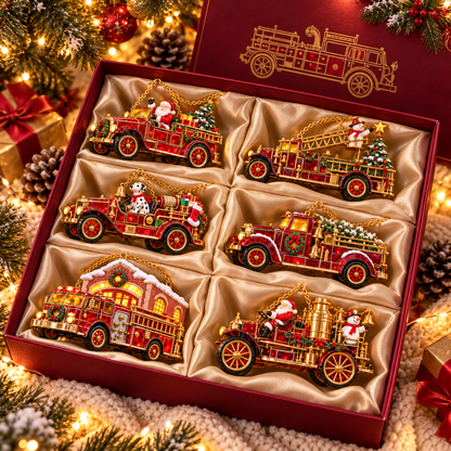2026 Vintage Fire Truck Christmas Ornaments – Set of 6 | Stained-Glass Style with Festive Holiday Scenes & Golden Accents