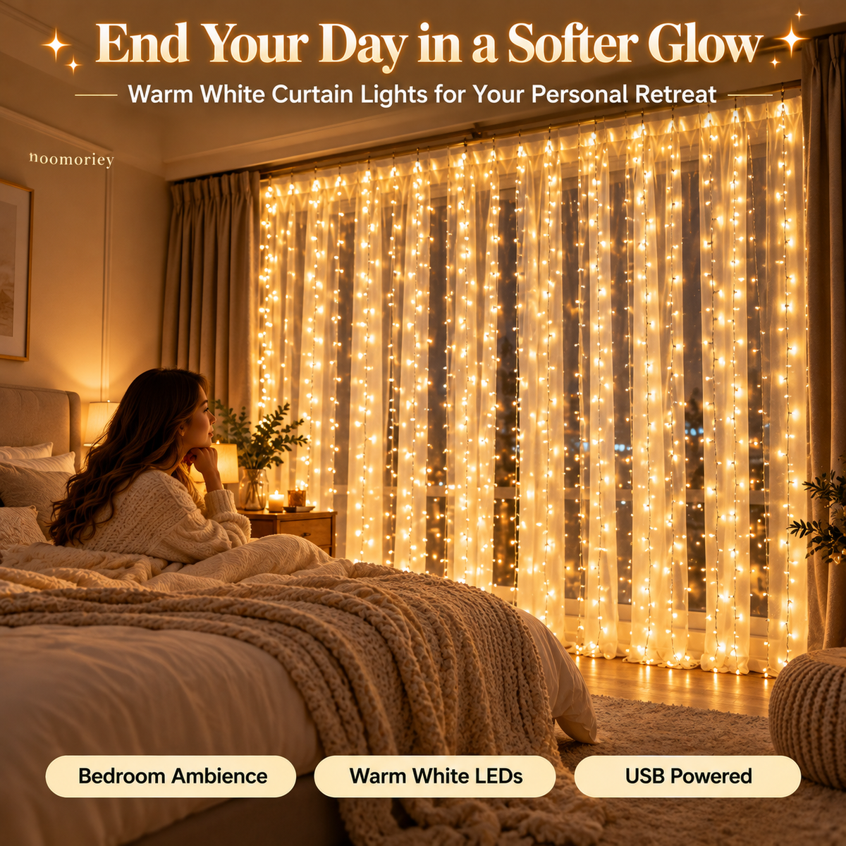 🎄 Christmas Curtain Lights – Warm White LED Window Lights with Remote Control