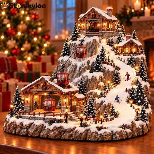 ❄️Animated Christmas Mountain Cable Car & Ski Village Scene ✨
