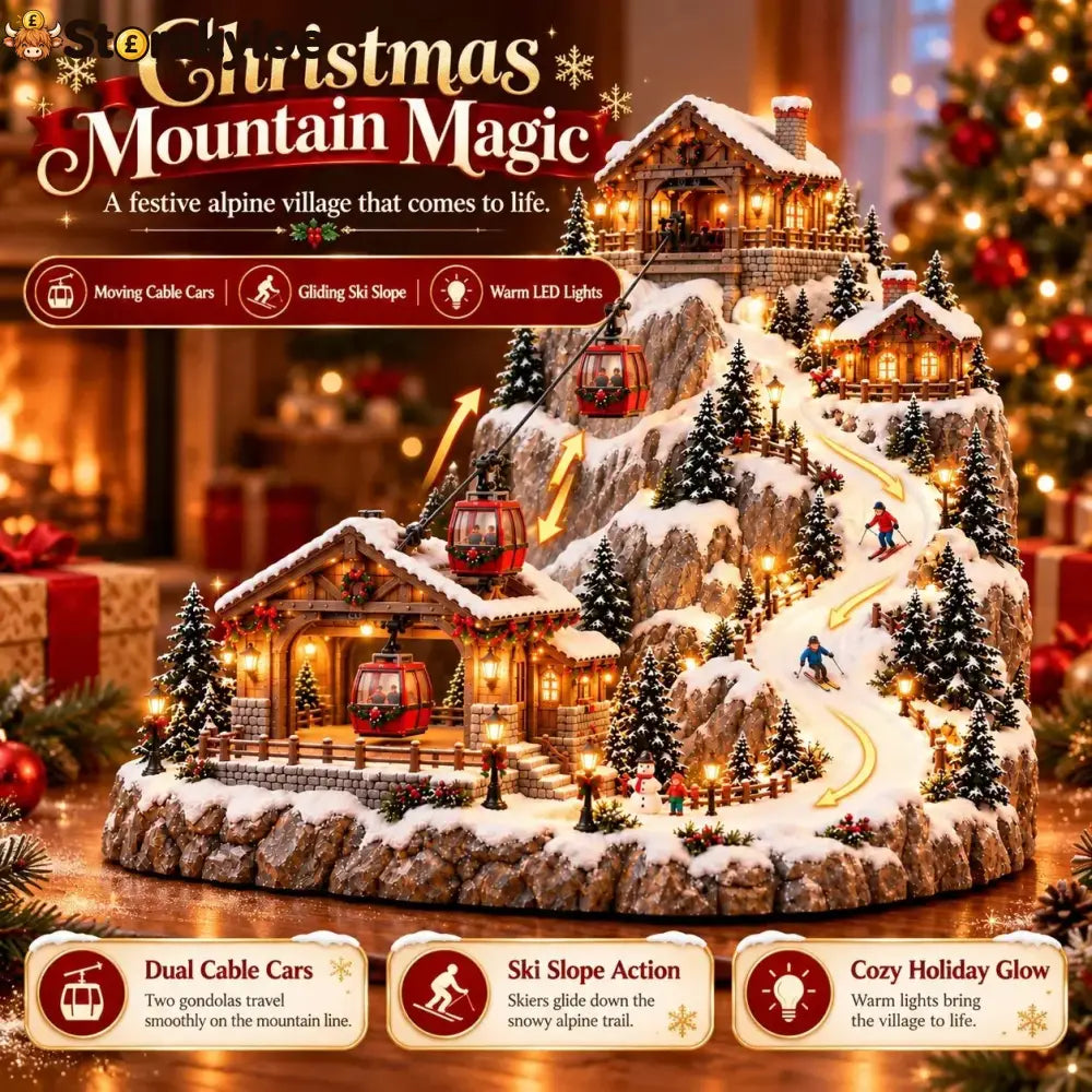❄️Animated Christmas Mountain Cable Car & Ski Village Scene ✨