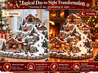 ❄️Animated Christmas Mountain Cable Car & Ski Village Scene ✨