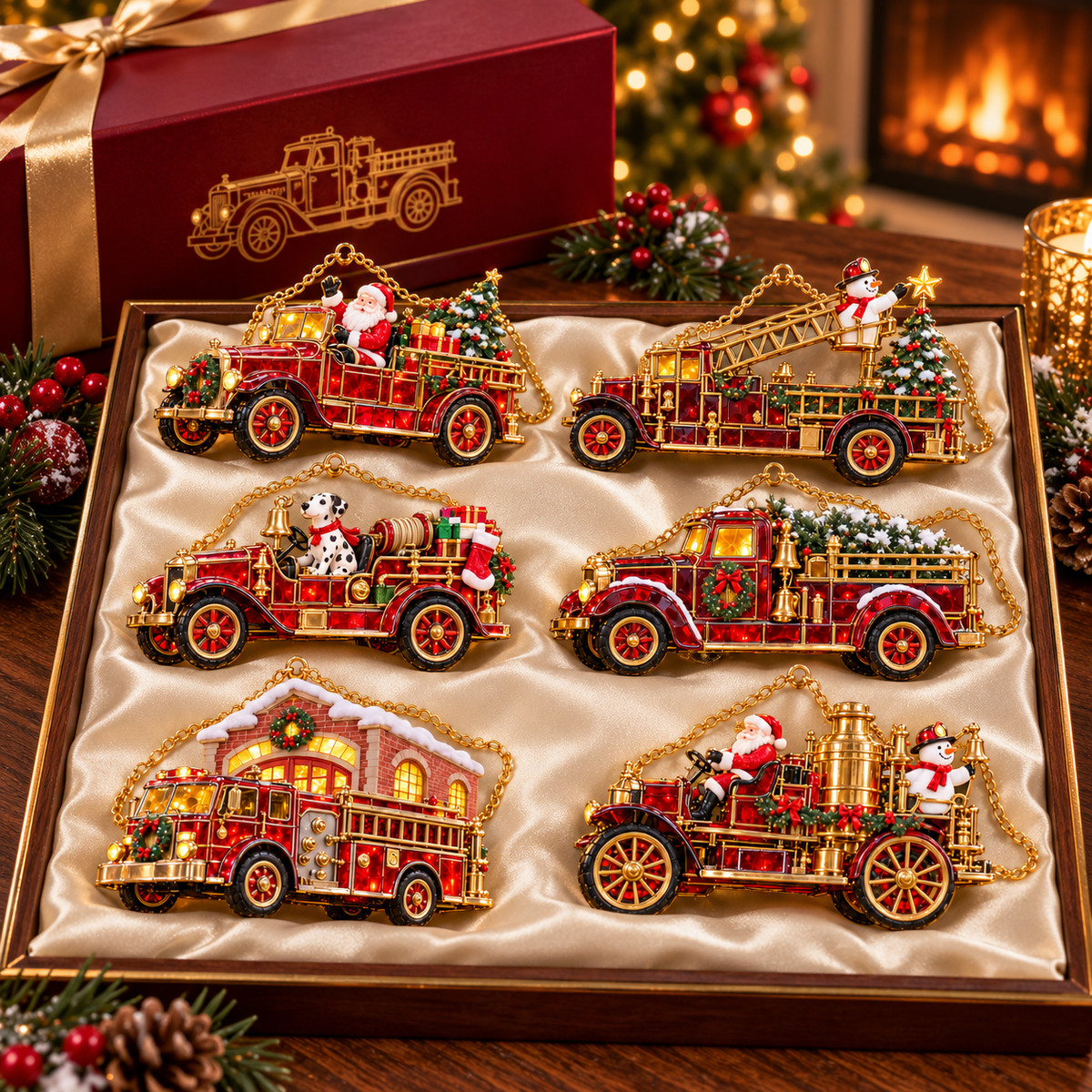 2026 Vintage Fire Truck Christmas Ornaments – Set of 6 | Stained-Glass Style with Festive Holiday Scenes & Golden Accents