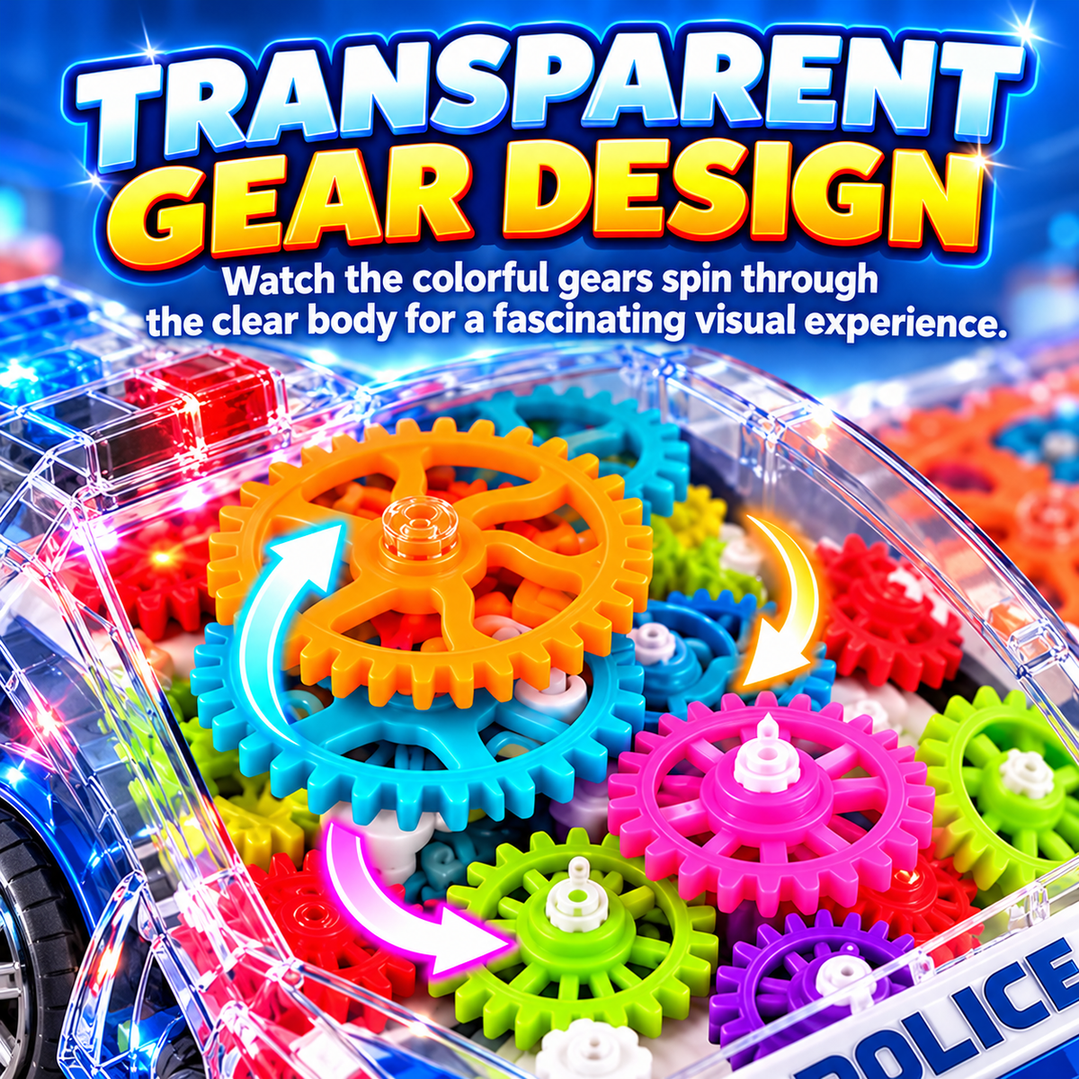 🚓 Light-Up Transparent Gear Police Car – Interactive Moving Gear Toy