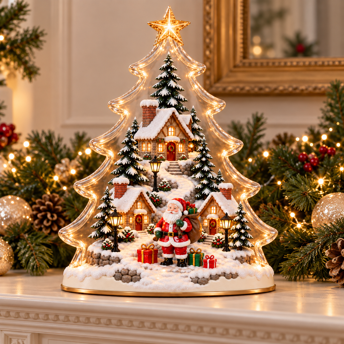 🎄 Santa’s Christmas Village Light – Glowing Tree Tabletop Decor