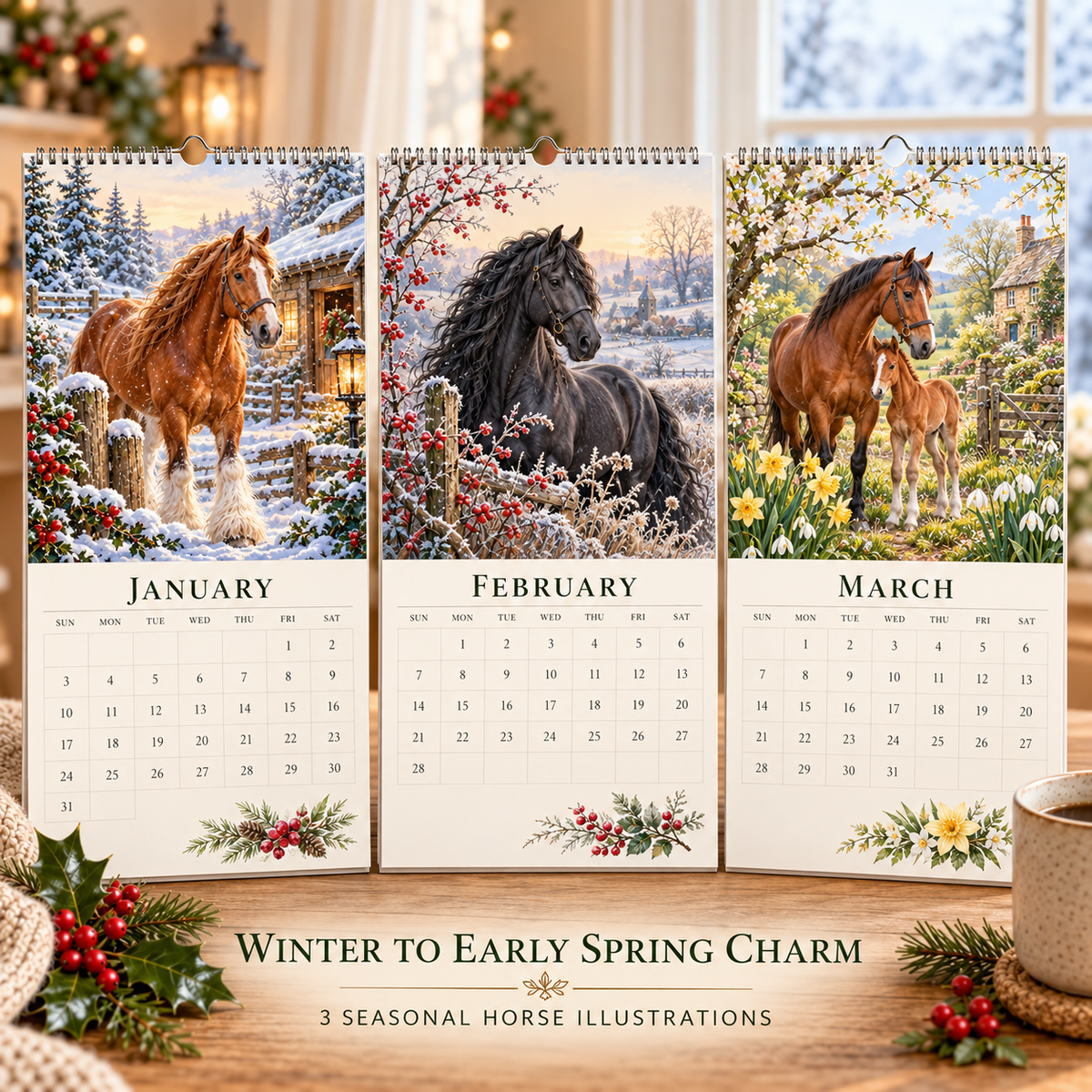 🐴 2027 Horse Seasons Calendar – 12 Seasonal Equestrian Illustrations, A3 Hanging Calendar Gift for Horse Lovers