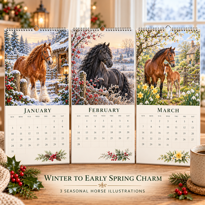 🐴 2027 Horse Seasons Calendar – 12 Seasonal Equestrian Illustrations, A3 Hanging Calendar Gift for Horse Lovers