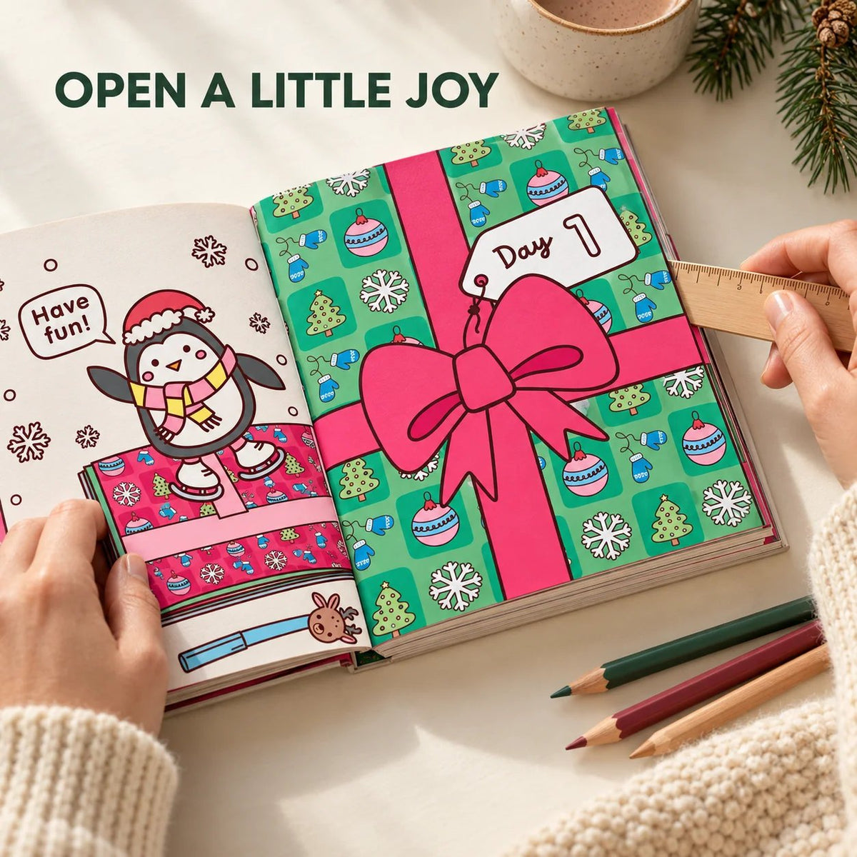 HOT SALE🎄✨Happy Days‑Cosy Christmas Advent Colouring Book | Hardback Edition | 24 Sealed Daily Surprise Sections | All‑Ages Screen‑Free Festive Activity