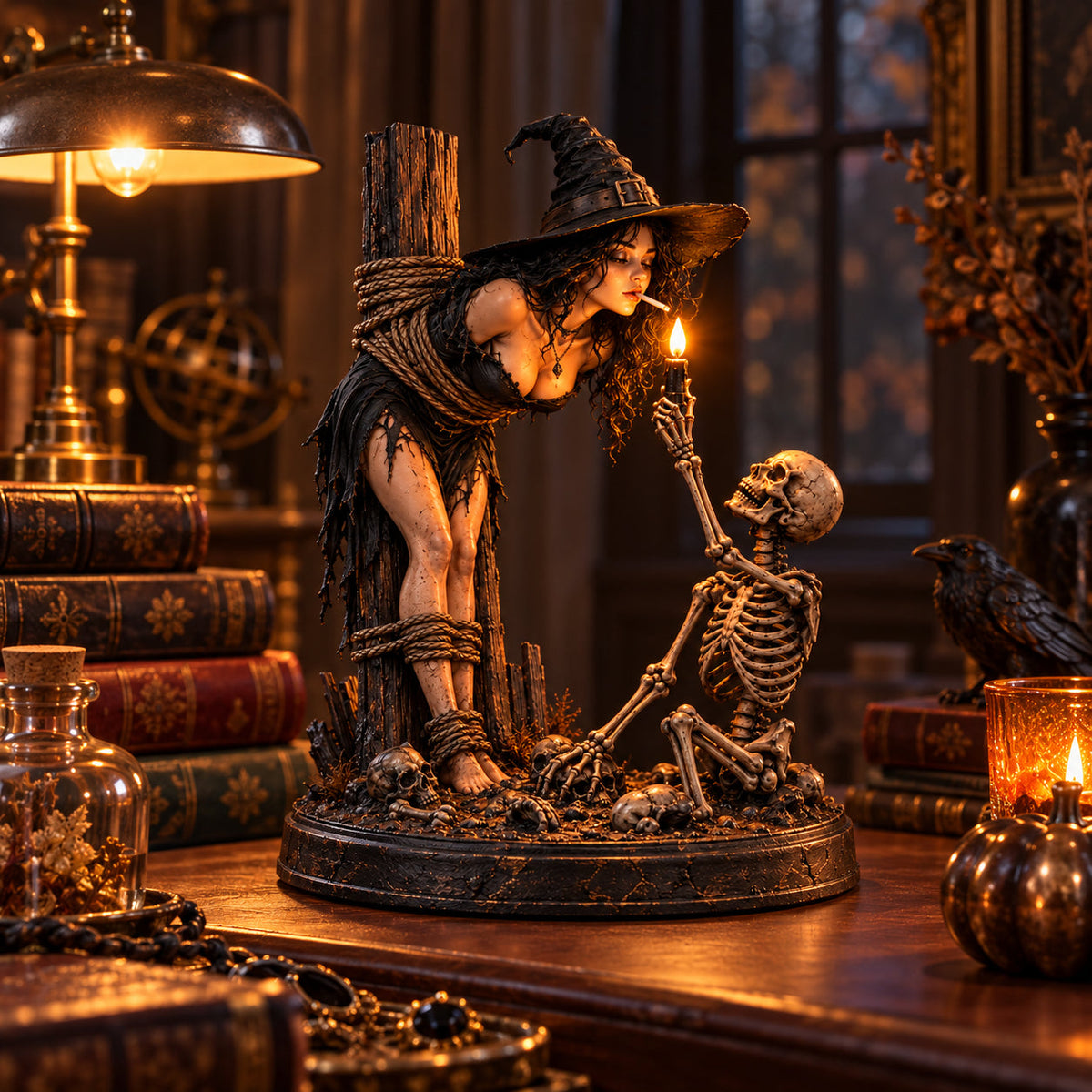 Witch & Skeleton Candle Scene Figurine – Gothic Halloween Tabletop Decor