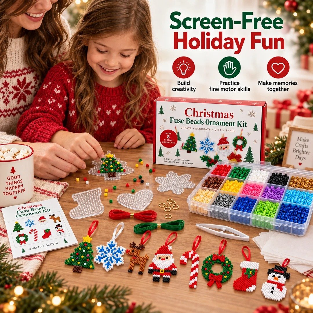 🎁LAST DAY 50% OFF-🎄 Christmas Fuse Beads Ornament Kit – 8 Festive Designs for Kids & Adults