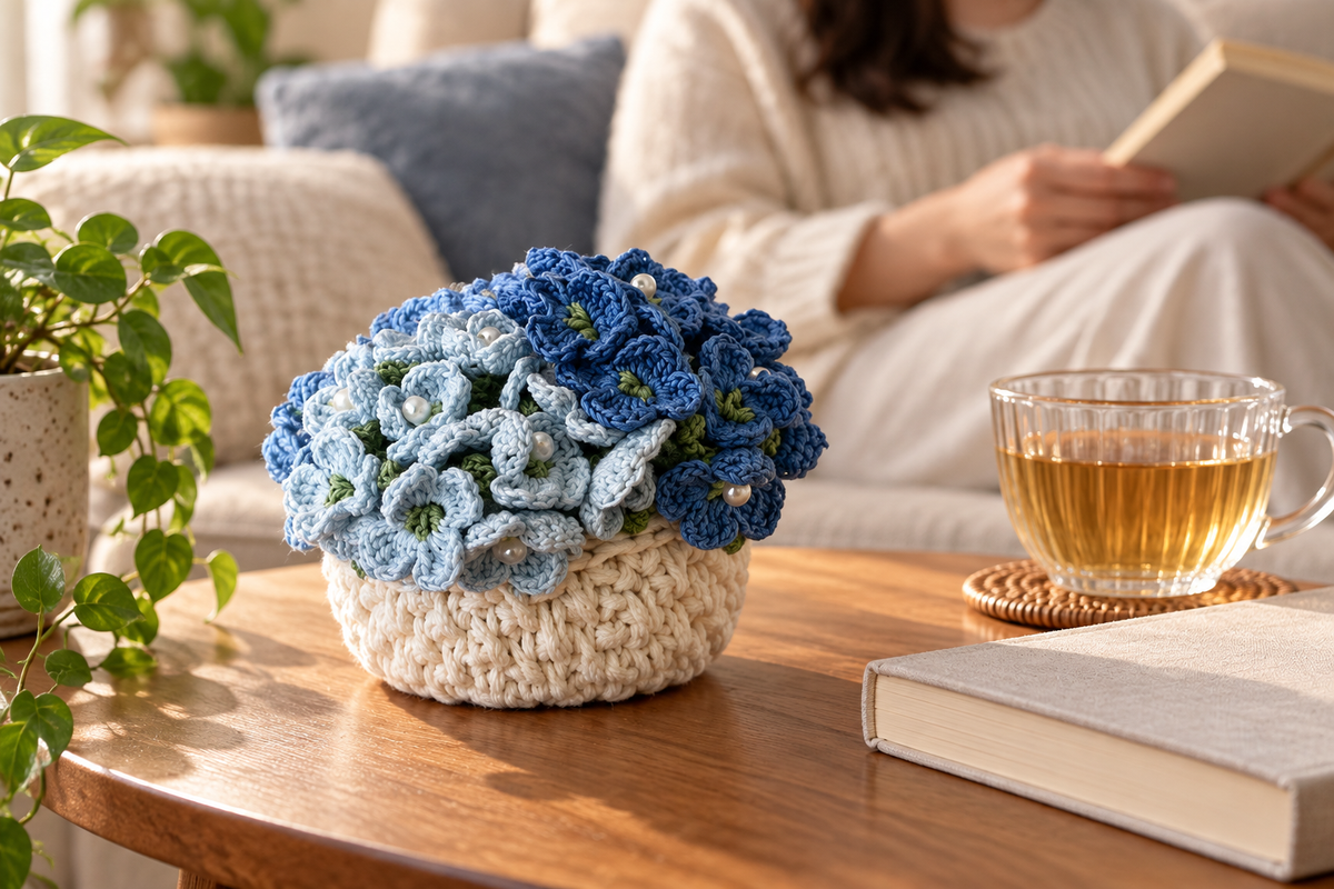 Blue Crochet Flower Coaster Bouquet & Basket Set