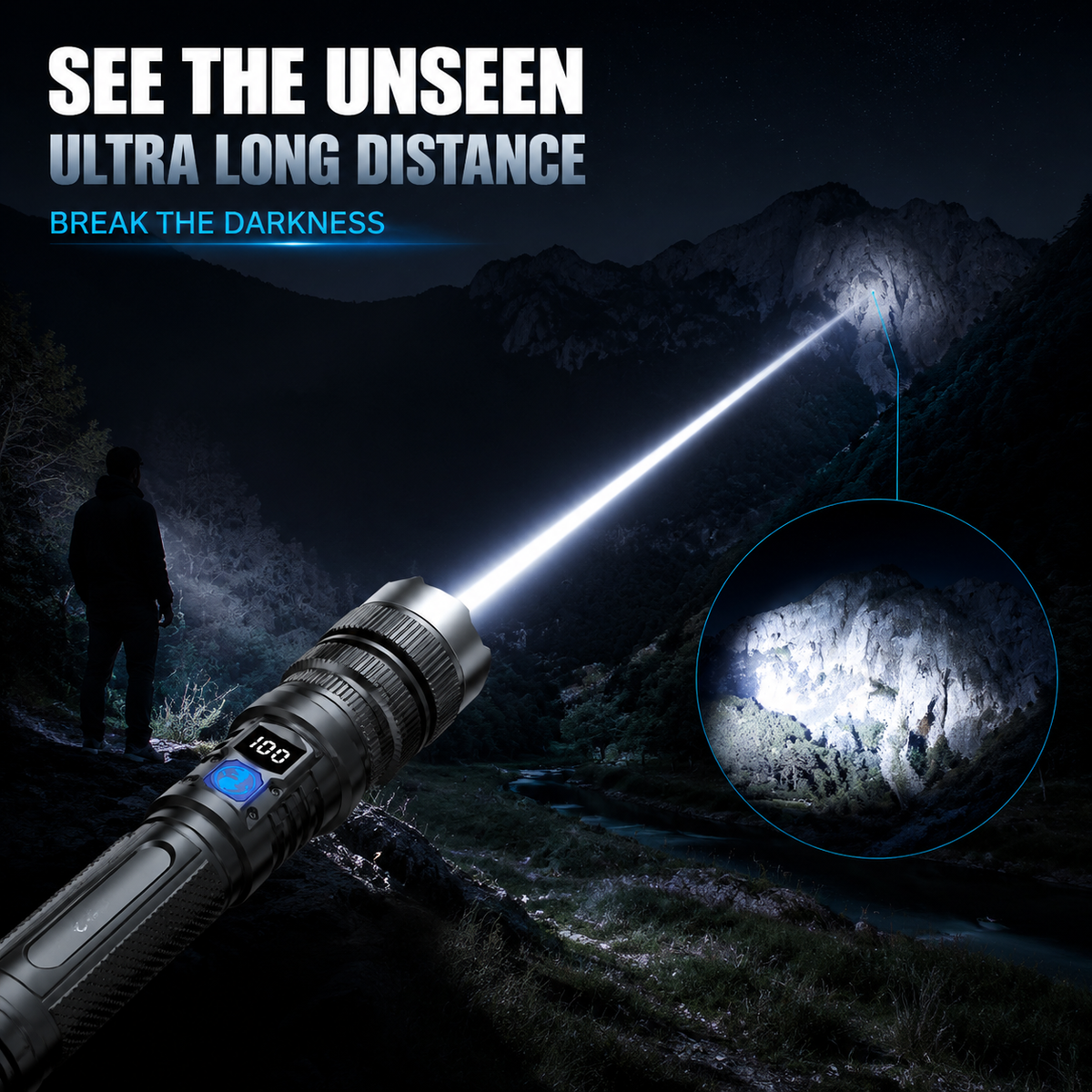 🔥BEST SALE🔦 High-power flashlight: features an aluminum alloy heat-dissipating head and a telescopic zoom design for powerful, concentrated light; also functions as a power bank and includes a digital battery level display⚡