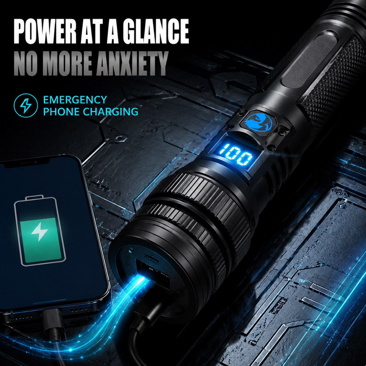 🔥BEST SALE🔦 High-power flashlight: features an aluminum alloy heat-dissipating head and a telescopic zoom design for powerful, concentrated light; also functions as a power bank and includes a digital battery level display⚡