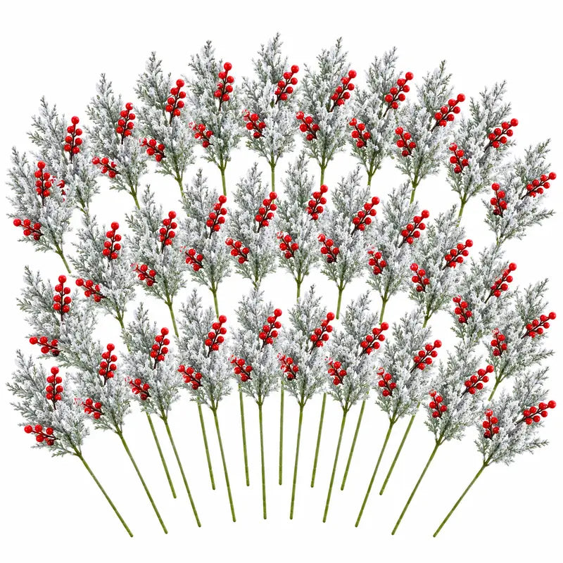 🎄🎅Artificial Frosted Christmas Pine-Cedar Stems with Red Berries, Snowy Evergreen Picks for Holiday Vase Decor