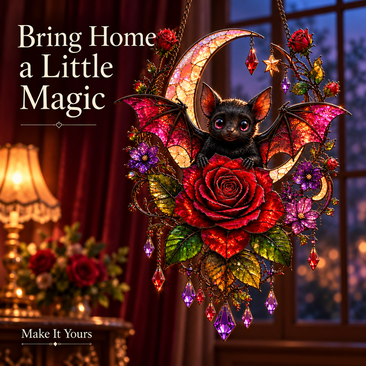 🦇🌹 Midnight Romance – Gothic Bat & Rose Crescent Moon Window Suncatcher ✨