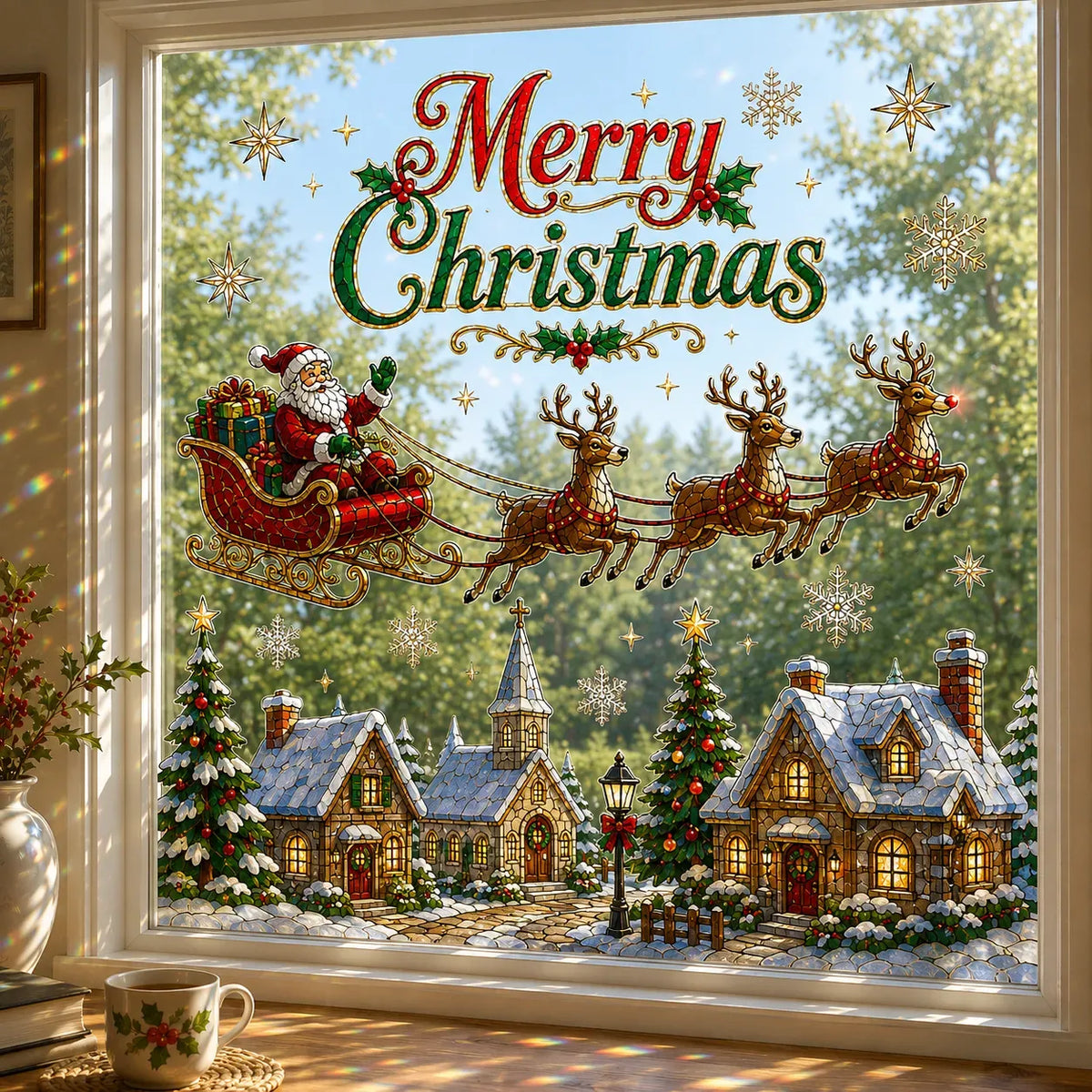 🔥LAST DAY 50% OFF - 🎄Large Christmas Window Sticker | 28×28in Festive Window Art With Snowman, Angel & Holiday Scenes For Home Decor, Christmas Parties & Seasonal Displays ✨