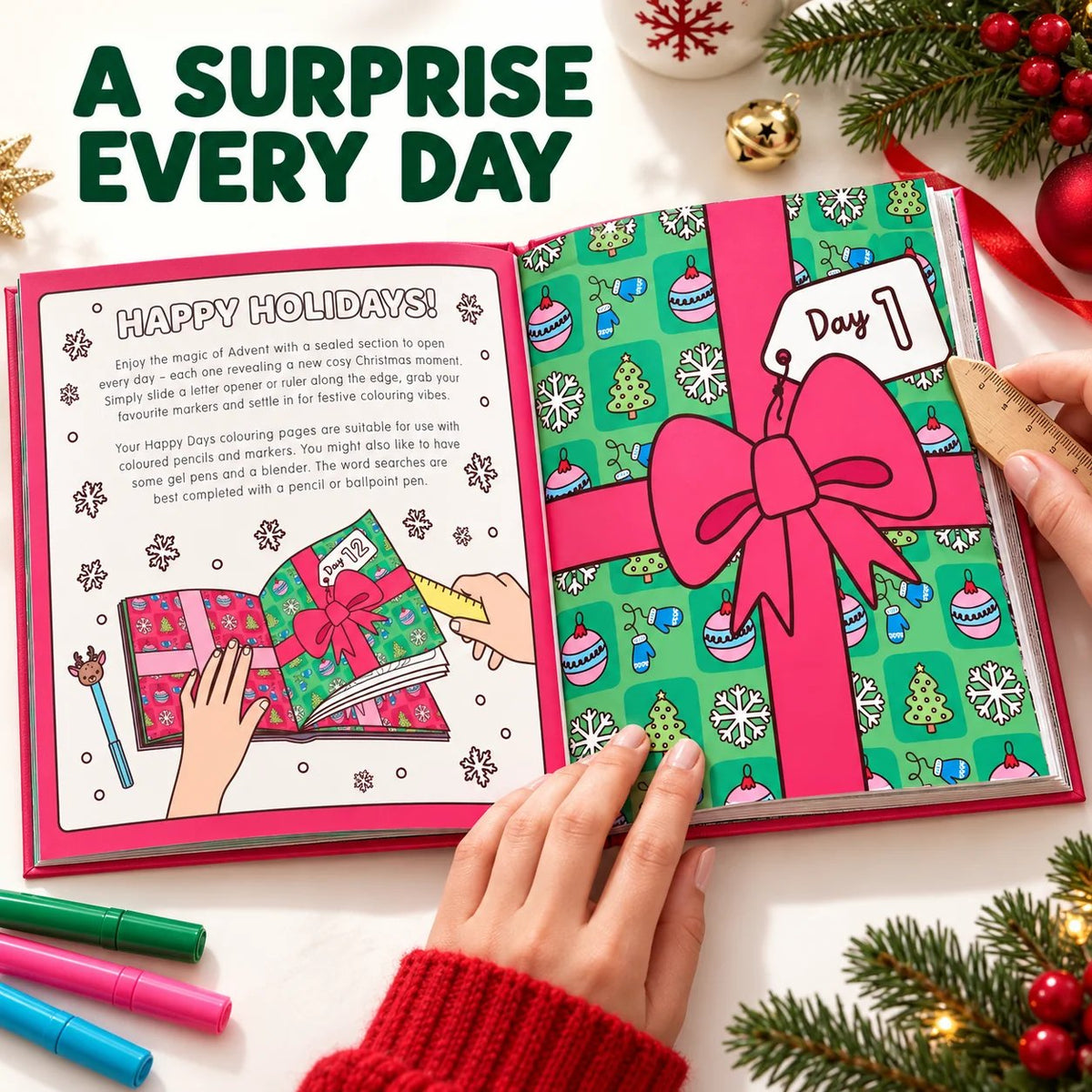 HOT SALE🎄✨Happy Days‑Cosy Christmas Advent Colouring Book | Hardback Edition | 24 Sealed Daily Surprise Sections | All‑Ages Screen‑Free Festive Activity