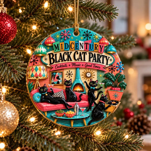 Vintage Mid-Century Black Cat Christmas Ornaments