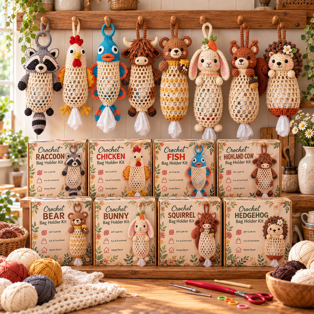 🔥LAST DAY 49% OFF – 🌼 Cottage Harvest Keepers™ — Crochet Animal Bag Holder DIY Kit | 8 Adorable Designs
