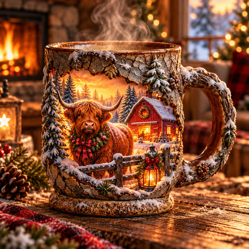 🐮✨ Highland Cow Christmas Magic Mug – Heat-Changing Winter Farmhouse Scene ❄️☕