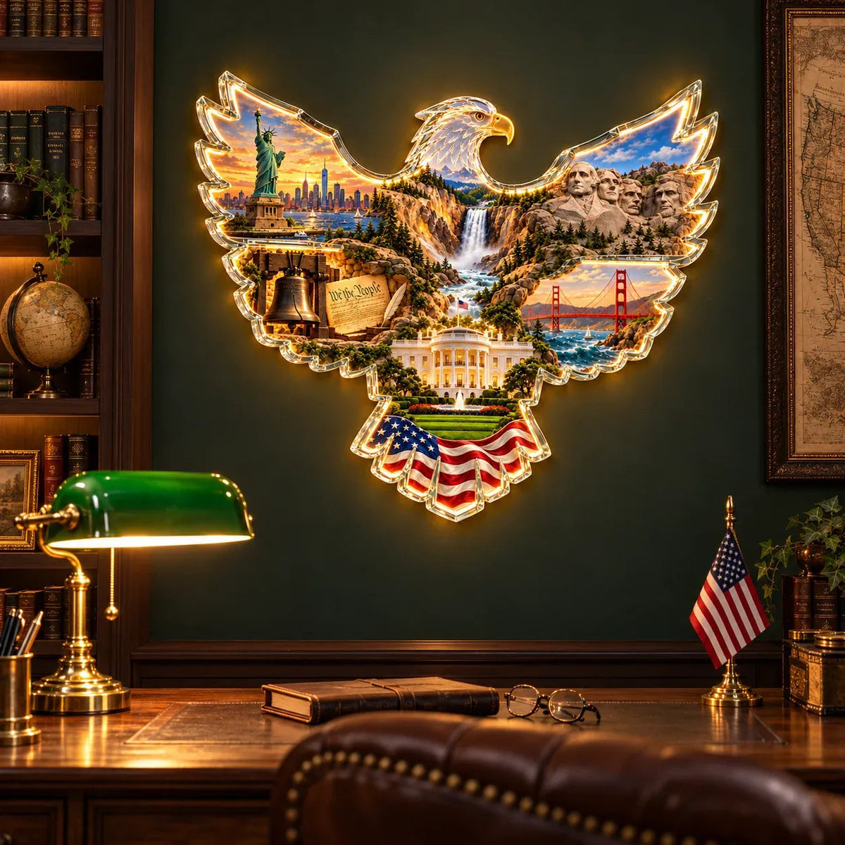 🦅 American Heritage Light-Up Eagle Wall Art – 6 Iconic U.S. Landmarks 🇺🇸