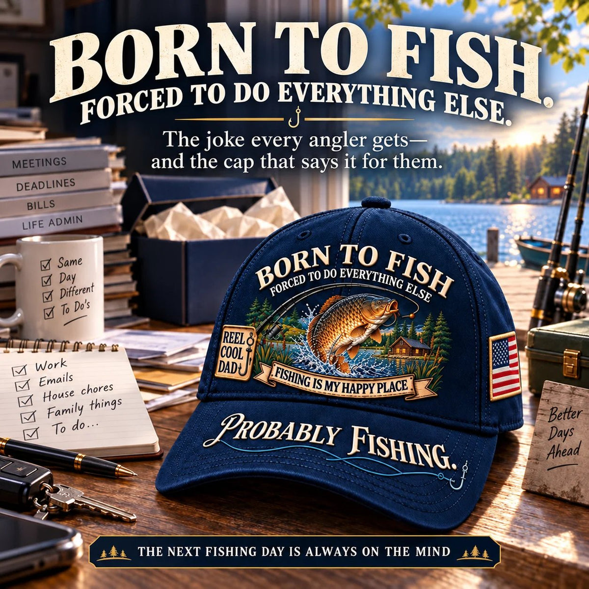 🎣 Born To Fish “Probably Fishing” USA Angler Tribute Cap  | Cotton-Poly Blend • Detailed Embroidery • Adjustable Fit