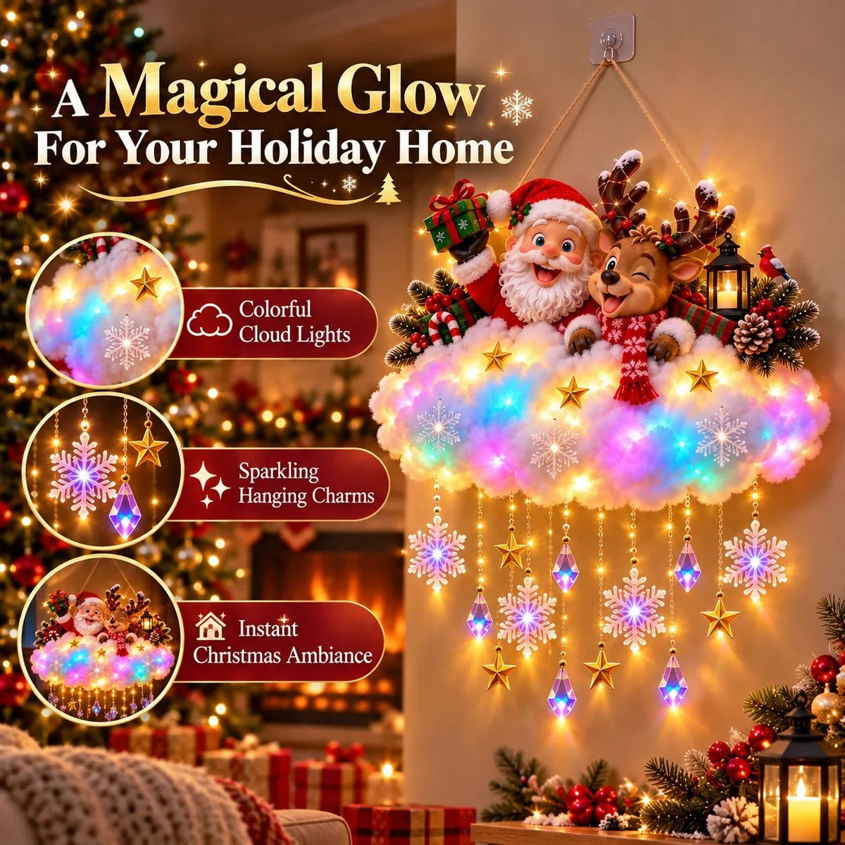 🎄 Light-Up Christmas Cloud Hanging Decor – Santa & Winter Village Holiday Display