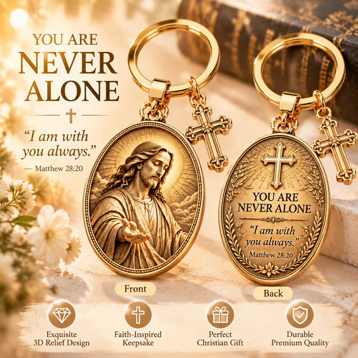 ✝️ You Are Never Alone – Jesus 3D Relief Keychain with Inspirational Scripture & Cross Charm