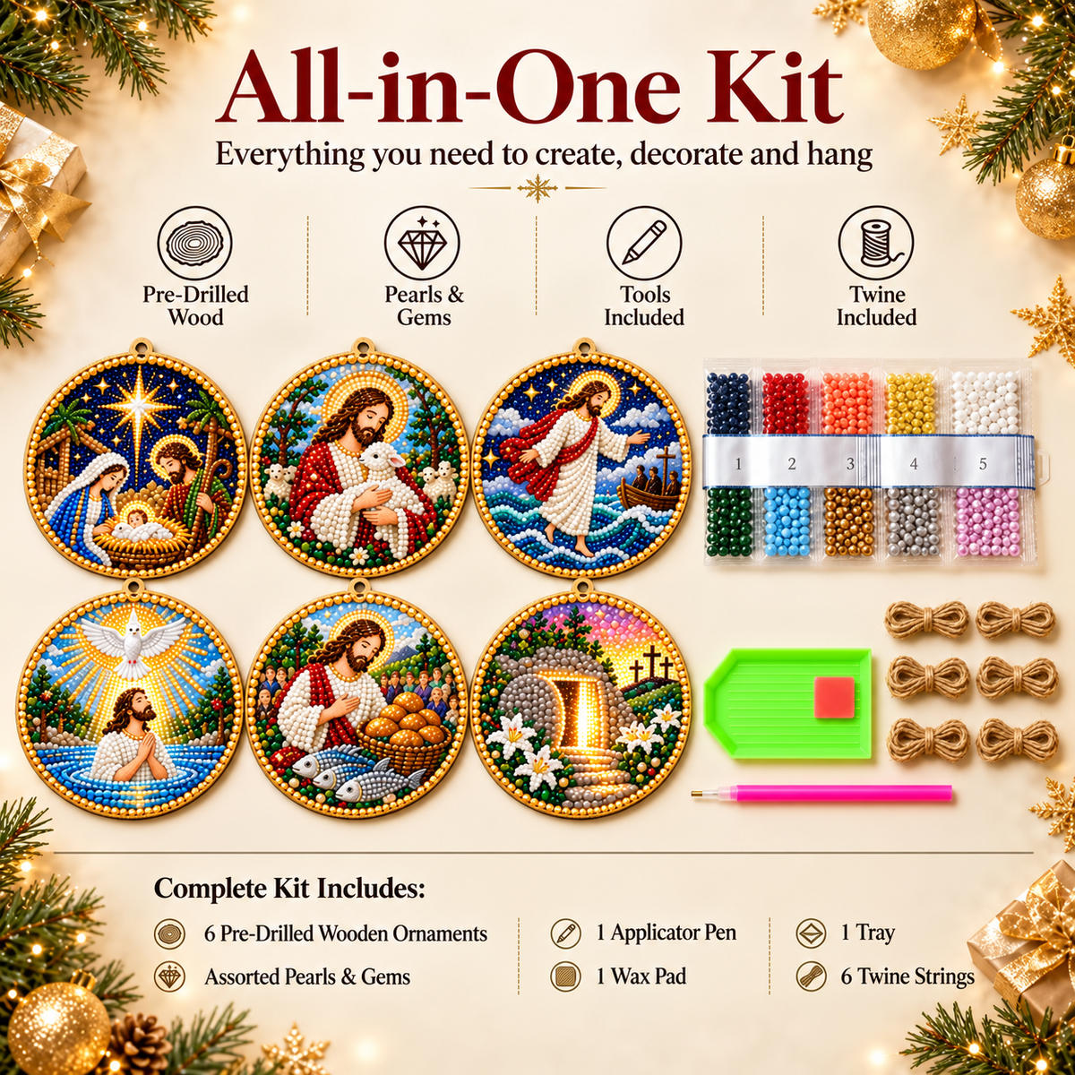 🎄✝️ Christian Christmas DIY Diamond Painting Ornaments Kit (6 PCS)