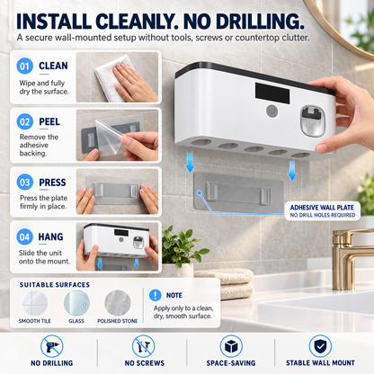 🪥 Light-Powered UV-C Toothbrush Sanitizer & Automatic Toothpaste Dispenser – 5-Brush No-Drill Wall Organizer