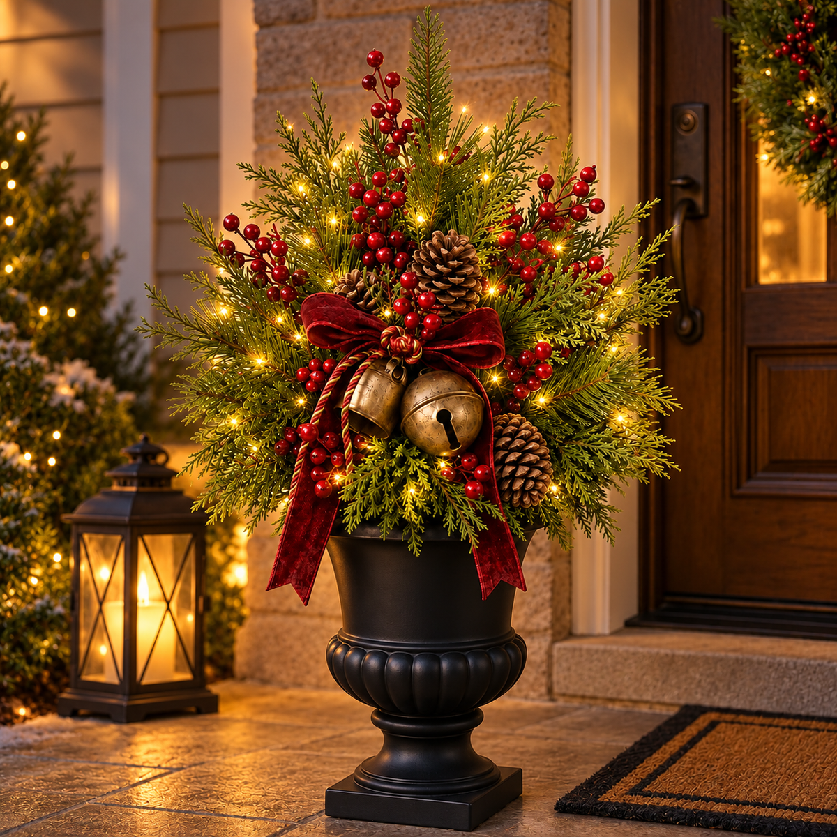 24-Inch Pre-Lit Artificial Christmas Evergreen Urn Filler with Berries, Pinecones & Vintage Bells