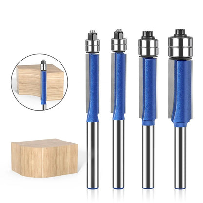 🪵 4-Piece Flush Trim Router Bits – Dual Bearings, 1/4" Shank
