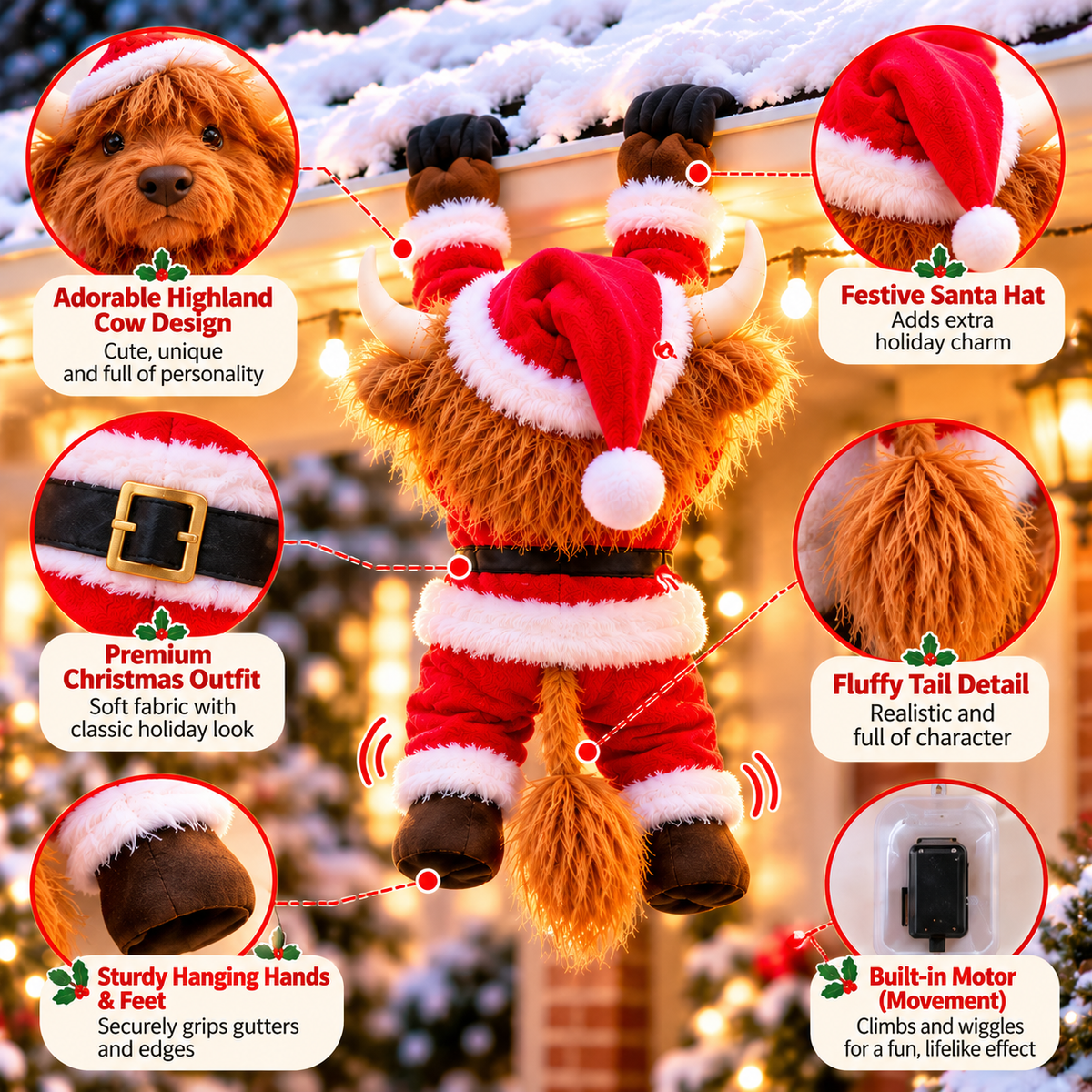 🎅🐮 Climbing Highland Cow™ – Animated Christmas Roof Climber | Adorable Santa Cow Holiday Hanging Decoration