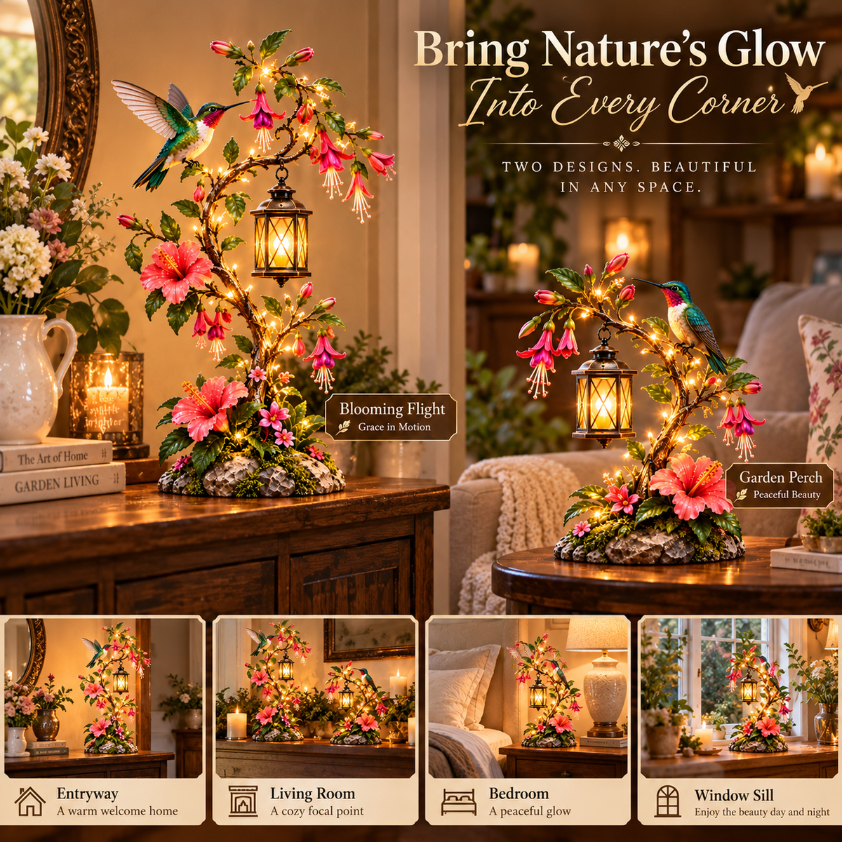 🌺 Hummingbird Garden Lantern Light | Lighted Floral Table Decor