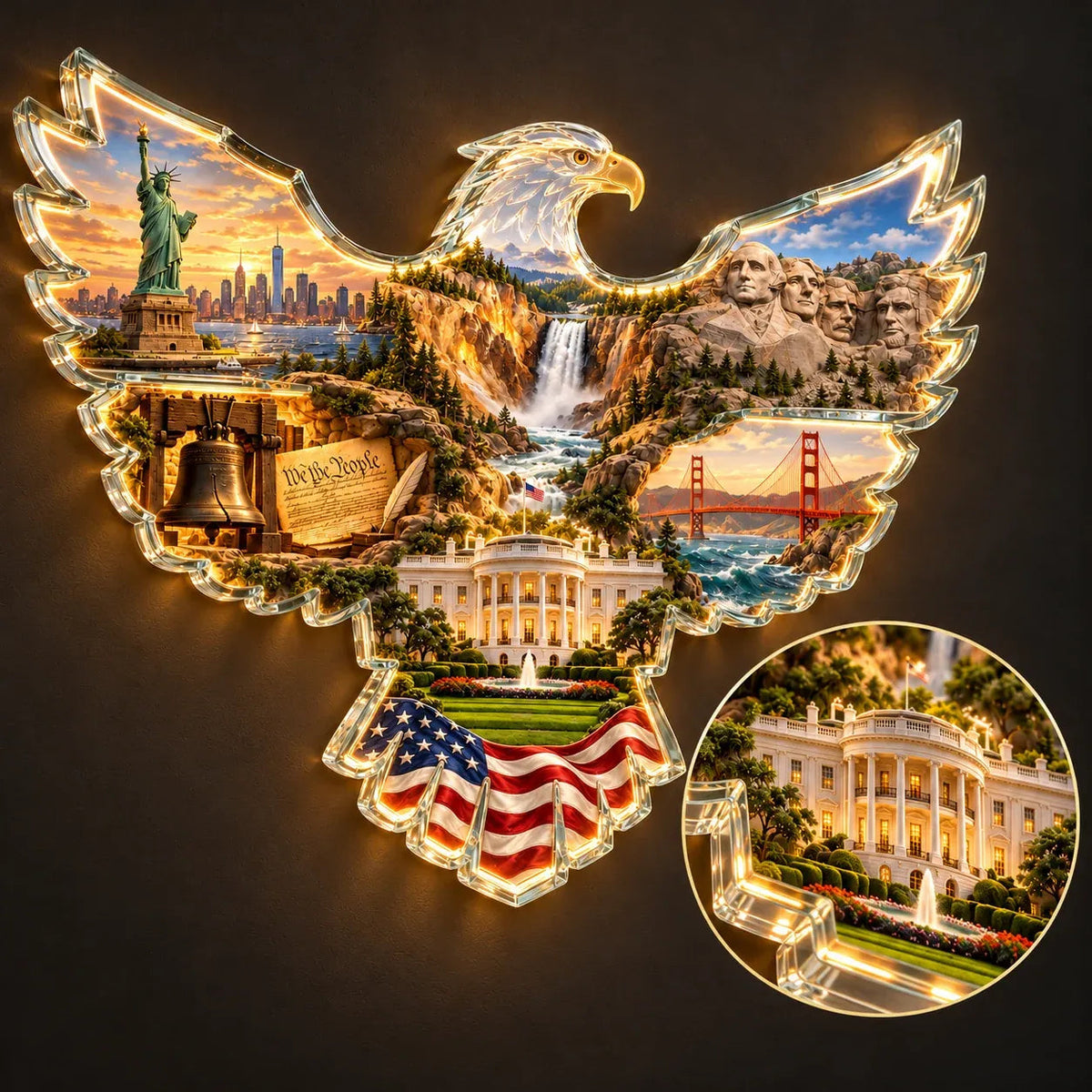 🦅 American Heritage Light-Up Eagle Wall Art – 6 Iconic U.S. Landmarks 🇺🇸
