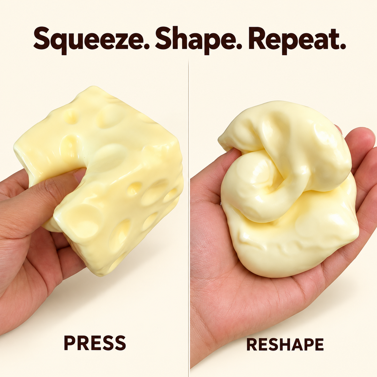 Yellow cheese squishy being pressed and reshaped