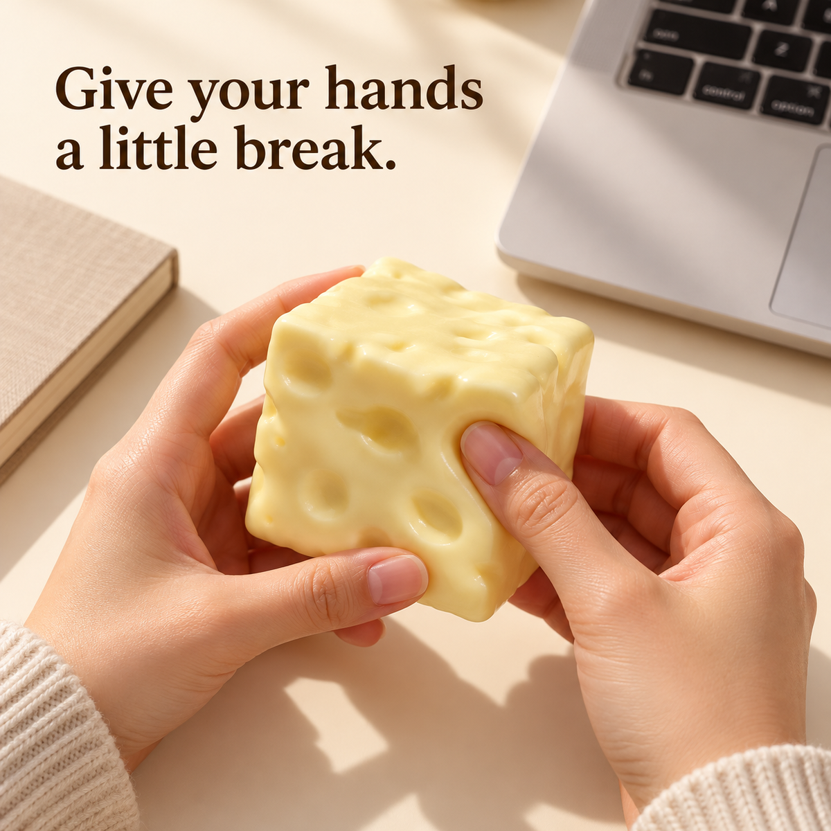Cheese cube squishy in adult hands at a desk