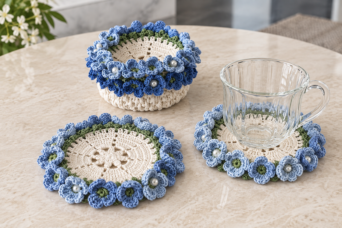 Blue Crochet Flower Coaster Bouquet & Basket Set