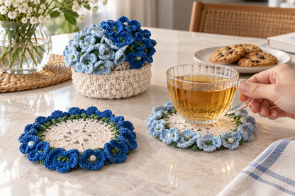 Blue Crochet Flower Coaster Bouquet & Basket Set
